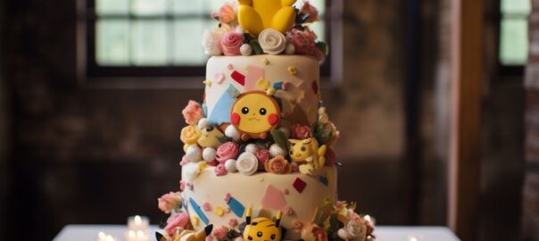 A three-tiered Pokémon birthday cake Singapore, decorated with Pikachu figures, pastel flowers, and candles, is displayed on a table in front of large windows.